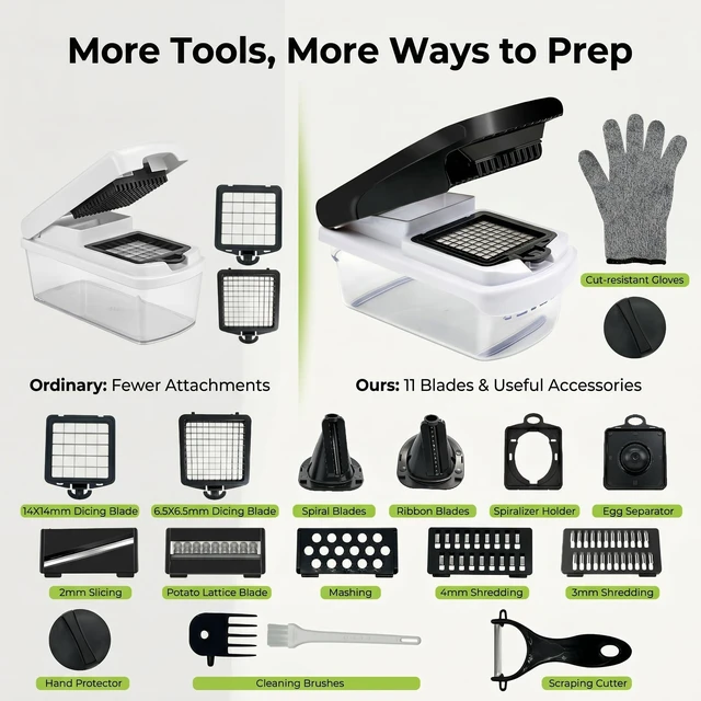 Alt view image 3 of 7 - Veggie Chopper & Onion Dicer, Spiralizer, Container, Safety Glove | 17-in-1 veggie chopper with 2 dicer sizes, slicer, spiralizer & peeler. Includes cut-resistant glove & strainer container.