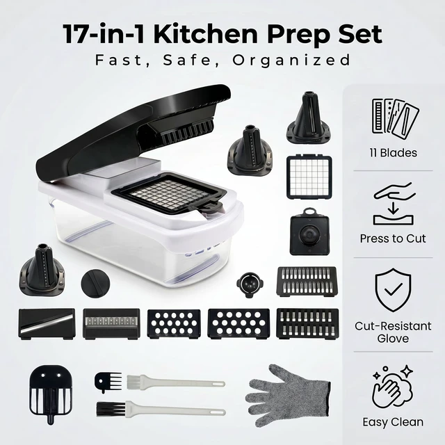 Alt view image 6 of 7 - Veggie Chopper & Onion Dicer, Spiralizer, Container, Safety Glove | 17-in-1 veggie chopper with 2 dicer sizes, slicer, spiralizer & peeler. Includes cut-resistant glove & strainer container.