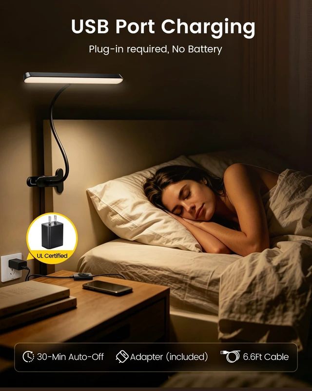 Alt view image 6 of 7 - 11.3" Wide Coverage Clip on Light, 57 LED Reading Light for Bed | 3 Color Modes &5 Brightness Levels, 1800K Amber Light, Plug-in Clip on Lamp for Desk, Headboard, Bed, Bedside, Work, Craft