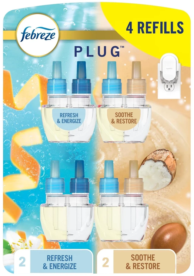 Main image of Plug In Air Freshener, Odor-Fighting Scented Oil Refill For Home, Bathroom, & Kitchen, Long Lasting, Refresh & Energize and Soothe & Restore Scents, 0.87oz Refills, 4ct (2 of Each)
