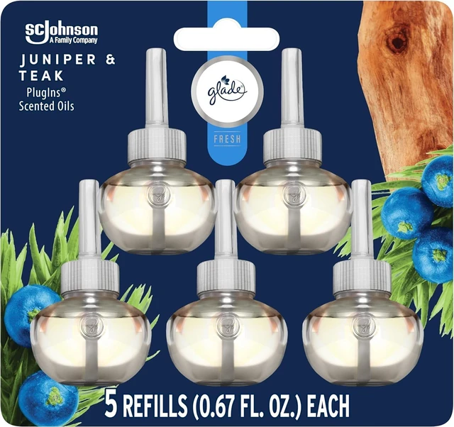 Main image of PlugIns Air Freshener Refills, Juniper & Teak, 5 Count | 0.67 fl oz Each, Includes 5 Refills, Scented and Essential Oils for Home and Bathroom Use, Fits Glade PlugIn Warmer