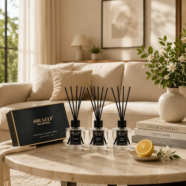 Alt view image 5 of 6 - Reed Diffuser Set of 3 for Bathroom Air Fresheners, Oil Diffuser Sticks | Citrus,Ocean Mist,Clean Linen Scent(1.7 fl oz*3) Fragrance with 18 Sticks Defusers | Shelf Decor