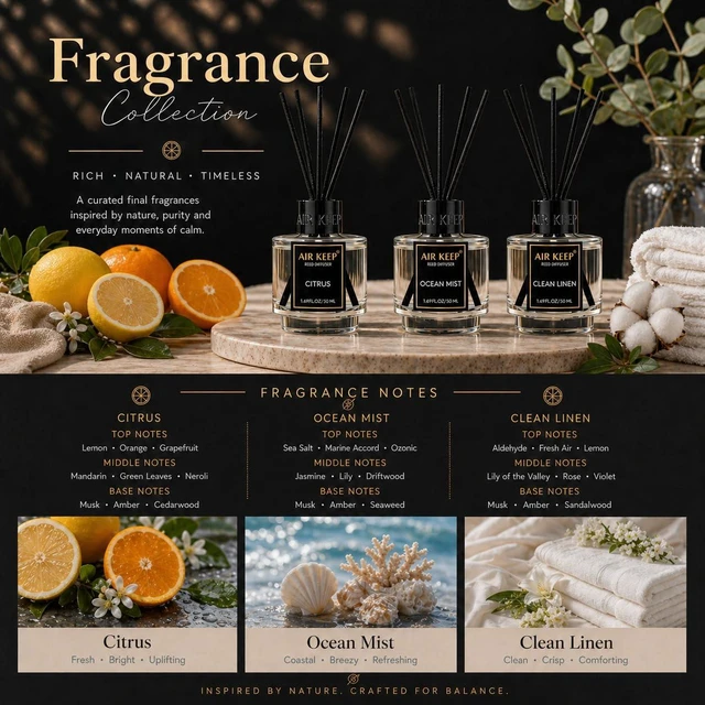 Alt view image 2 of 6 - Reed Diffuser Set of 3 for Bathroom Air Fresheners, Oil Diffuser Sticks | Citrus,Ocean Mist,Clean Linen Scent(1.7 fl oz*3) Fragrance with 18 Sticks Defusers | Shelf Decor