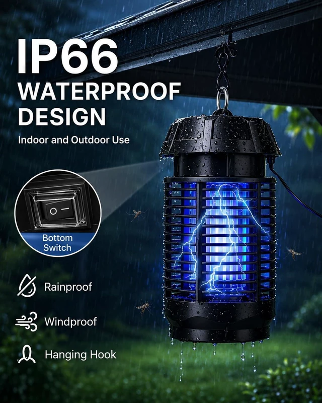 Alt view image 4 of 7 - Bug Zapper Indoor IP66 Waterproof Mosquito Killer for Patio & Home | 365nm UV light attracts flying insects to 4200V grid; 360° coverage, LED night light, plug-in control and quick-clean tray.