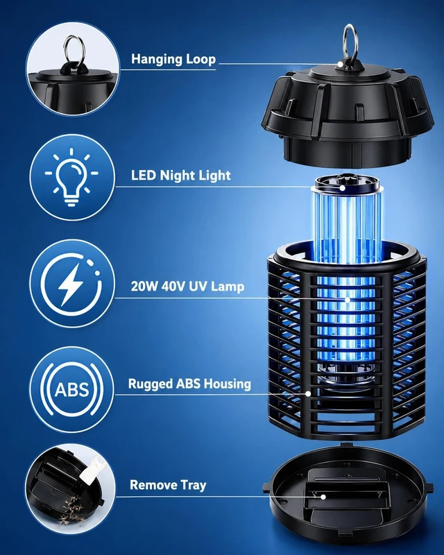 Alt view image 5 of 7 - Bug Zapper Indoor IP66 Waterproof Mosquito Killer for Patio & Home | 365nm UV light attracts flying insects to 4200V grid; 360° coverage, LED night light, plug-in control and quick-clean tray.