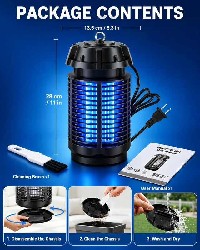 Alt view image 7 of 7 - Bug Zapper Indoor IP66 Waterproof Mosquito Killer for Patio & Home | 365nm UV light attracts flying insects to 4200V grid; 360° coverage, LED night light, plug-in control and quick-clean tray.