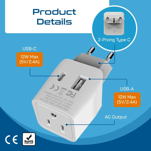 Alt view image 5 of 7 - European, Egypt Travel Adapter Plug with Dual USB - Type C - Europe - Usa Input - Light Weight - Perfect for Cell Phones, Chargers, Cameras and More - 2 Pack
