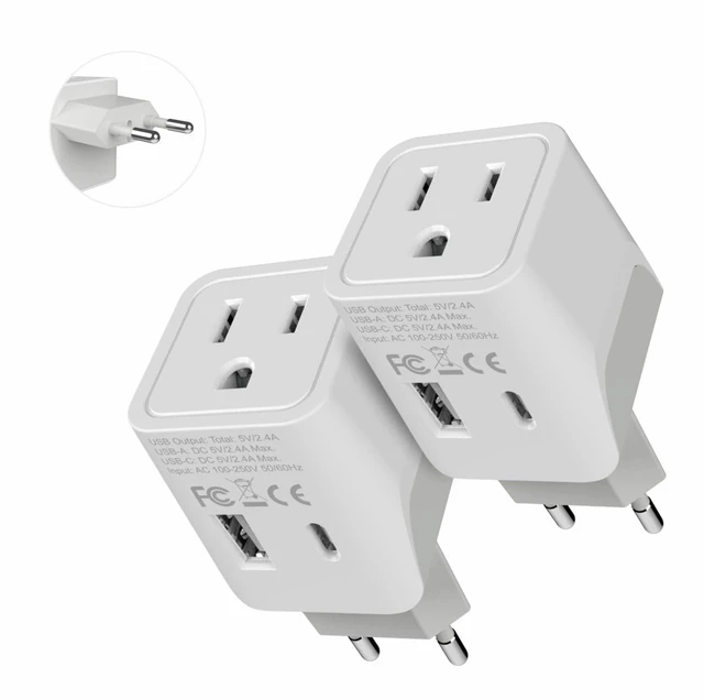 Main image of European, Egypt Travel Adapter Plug with Dual USB - Type C - Europe - Usa Input - Light Weight - Perfect for Cell Phones, Chargers, Cameras and More - 2 Pack