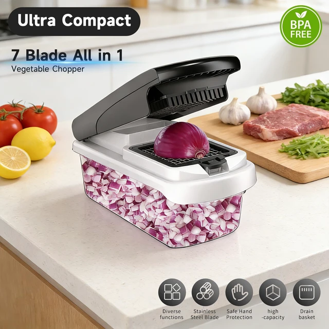 Alt view image 2 of 7 - Vegetable Chopper Mandoline Slicer, 15-in-1 Food Veggie Chopper | Cheese Grater, Onion & Vegetable Cutter with Large Container, Dicer, Kitchen Gadgets & Essentials, White