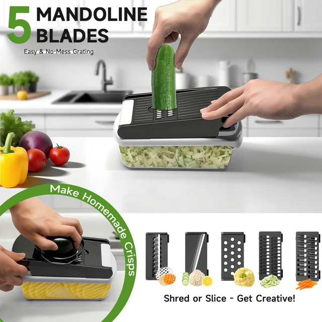 Alt view image 4 of 7 - Vegetable Chopper Mandoline Slicer, 15-in-1 Food Veggie Chopper | Cheese Grater, Onion & Vegetable Cutter with Large Container, Dicer, Kitchen Gadgets & Essentials, White