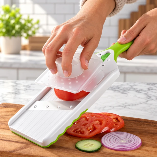 Alt view image 7 of 7 - Adjust-A-Slice Mandoline Slicer with Adjustable Thickness | Perfect for Vegetables, Fruits, and More, Includes Hand Guard and Non-Slip Base, Compact Space-Saving Design For Easy Storage