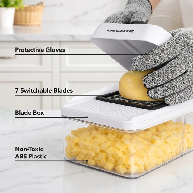 Alt view image 3 of 7 - 7-in-1 Vegetable Chopper and Mandoline Slicer, White MD71W | With 7 Interchangeable Blades and Safety Gloves, Multifunctional Kitchen Gadget for Fruit, Onion, Potato, Cucumber & More