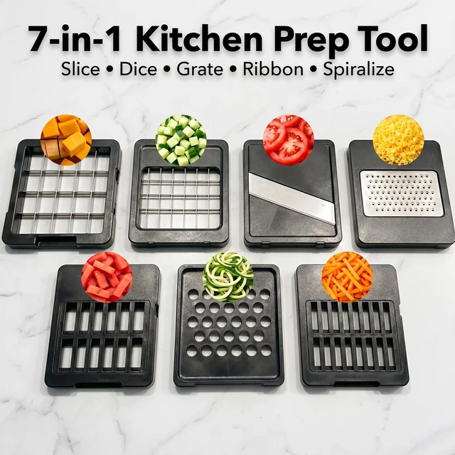 Alt view image 6 of 7 - 7-in-1 Vegetable Chopper and Mandoline Slicer, White MD71W | With 7 Interchangeable Blades and Safety Gloves, Multifunctional Kitchen Gadget for Fruit, Onion, Potato, Cucumber & More