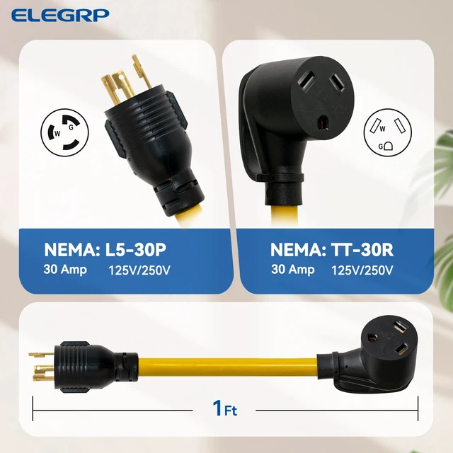 Alt view image 2 of 6 - 30 Amp Generator Adapter Cord, NEMA L5-30P to TT-30R Generator to RV Adapter, 3 Prong Twist Lock Male to RV Female Receptacle, Heavy Duty Dogbone Electrical Converter for Travel Trailer Camper