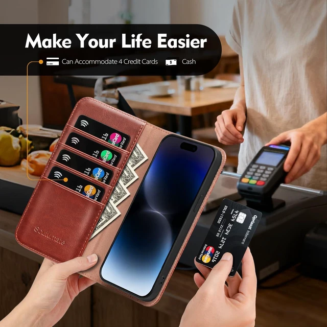 Alt view image 2 of 7 - for iPhone 14 Wallet Case with Card Holder,Brown | Magnetic Clasp,RFID Blocking,PU Leather,Flip Folio Shockproof Phone Cover,with Credit Card Slots & Kickstand for Men & Women