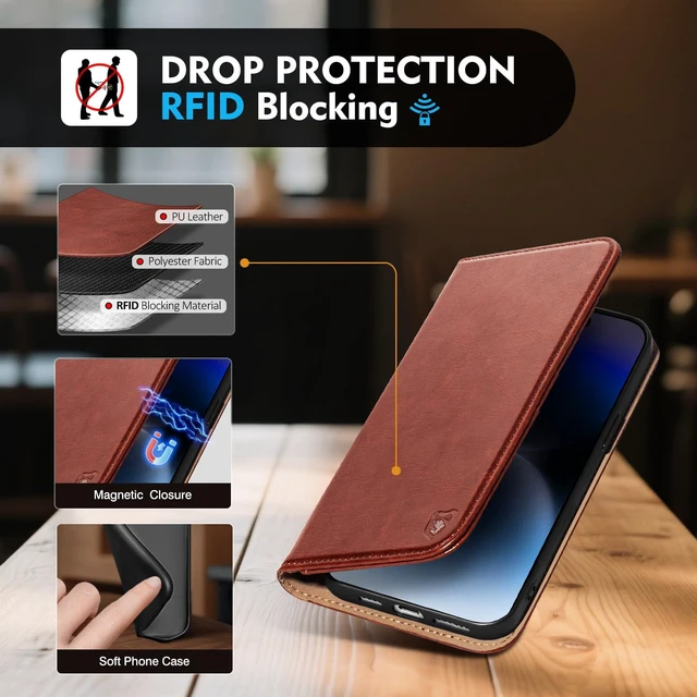 Alt view image 3 of 7 - for iPhone 14 Wallet Case with Card Holder,Brown | Magnetic Clasp,RFID Blocking,PU Leather,Flip Folio Shockproof Phone Cover,with Credit Card Slots & Kickstand for Men & Women