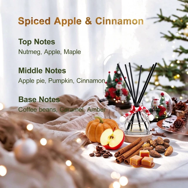 Alt view image 3 of 7 - Christmas Reed Diffuser Set,Spiced Apple & Cinnamon,3.38fl.oz | Includes 6 Fiber Reeds,Reed Diffuser for Home,Bathroom & Bedroom Decor,Office Decor,Air Freshener & Gift for Any Occasion