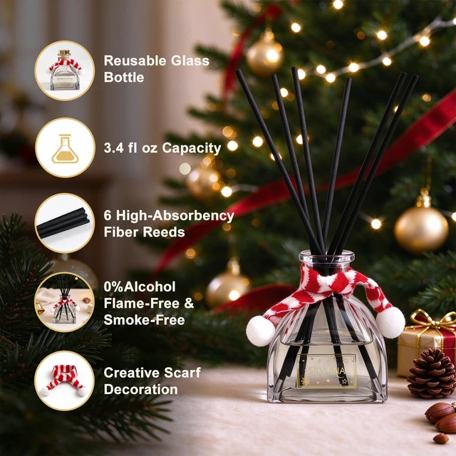 Alt view image 4 of 7 - Christmas Reed Diffuser Set,Spiced Apple & Cinnamon,3.38fl.oz | Includes 6 Fiber Reeds,Reed Diffuser for Home,Bathroom & Bedroom Decor,Office Decor,Air Freshener & Gift for Any Occasion