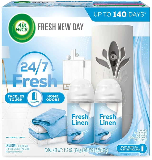 Main image of Automatic Air Freshener Spray Starter Kit, Fresh Linen, 2ct | Room freshener for home fragrance; automatic spray dispenser Gadget with 1 Fresh Linen refill, infused with essential oils.