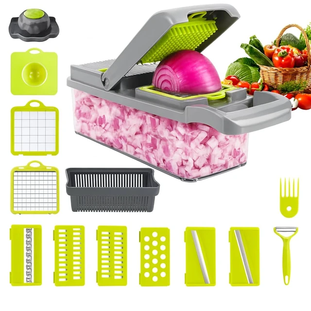Alt view image 3 of 7 - 16-in-1 Vegetable Chopper, Vegetable Cutter & Slicer with Container, Multifunctional Manual Food Dicer, Shredder, Grater & Julienne Cutter for Kitchen