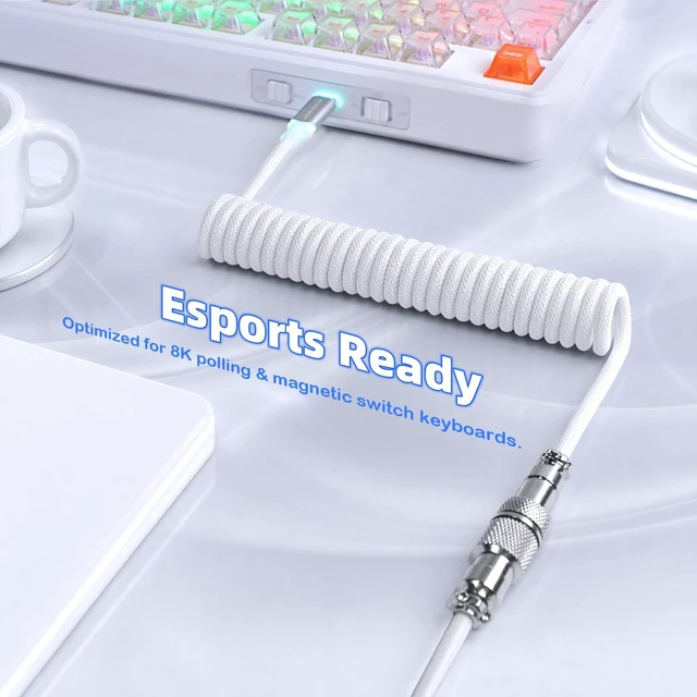 Alt view image 4 of 7 - C01 Ultimate Custom Coiled USB C Cable for Gaming Keyboard,Double-Sleeved Braided with RGB Light Plug Detachable Metal Aviator,1.5M Type-C to USB-A Mechanical Keyboard Cable-White