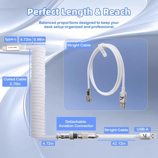 Alt view image 7 of 7 - C01 Ultimate Custom Coiled USB C Cable for Gaming Keyboard,Double-Sleeved Braided with RGB Light Plug Detachable Metal Aviator,1.5M Type-C to USB-A Mechanical Keyboard Cable-White