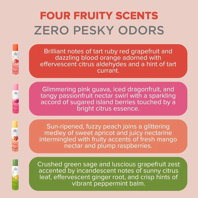Alt view image 4 of 7 - Air Freshener Spray, Assorted Fragrances, 3 Ounce, Pack of 4 | Citrus-Based Odor Eliminator for Home, Up to 7 Hours of Freshness, Georgia Peach, Dragonfruit, Citrus & Sage, and Grapefruit