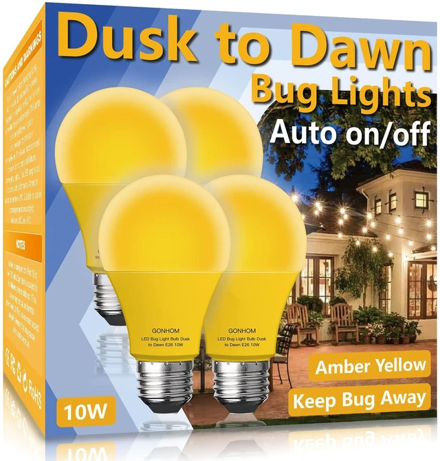 Main image of Dusk to Dawn Bug Light Bulb Outdoor,4 Pack Amber Bug Light Bulb,Auto On/Off,10W(100W Equivalent),E26 Base,Bug Lights for Outside.Home Hallway Porch Lights.Decorative Lamps.Bedroom