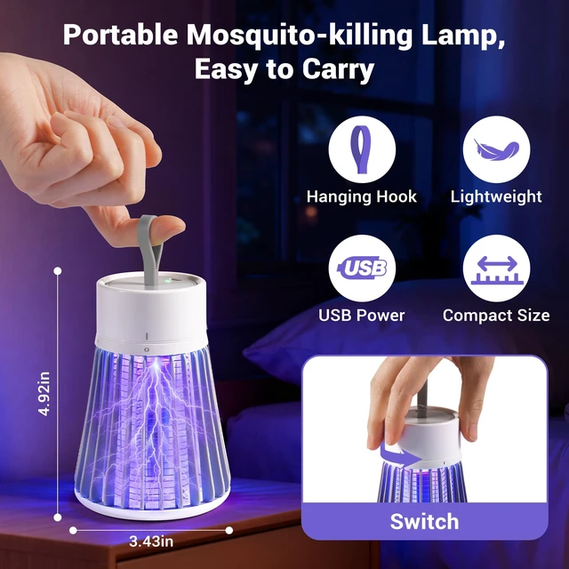 Alt view image 2 of 7 - Rechargeable Bug Zapper Indoor, Cordless Mosquito Killer with Safety Grid & Purple Light, USB Charging Fly Trap for Home Camping