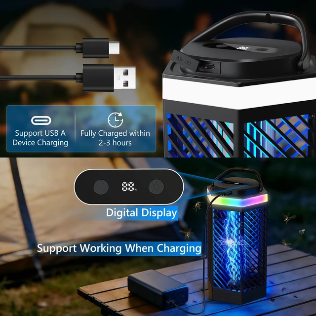 Alt view image 4 of 7 - Bug Zapper Outdoor Indoor, Rechargeable Mosquito Zapper with 8000mAh Battery & LED Night Light, USB Charging Electric Fly Zapper, Portable Fly Trap Fly Killer for Patio, Backyard