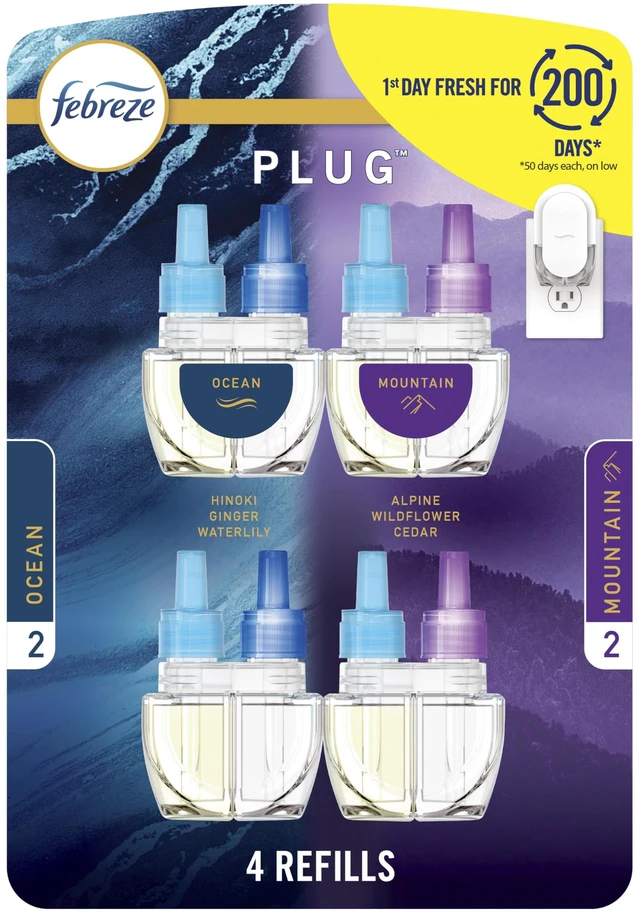 Main image of Plug In Air Freshener, Odor-Fighting Scented Oil Refill, Air Fresheners for Home and Bathroom and Kitchen, Long Lasting for Strong Odors, Ocean & Mountain Scents, 0.87oz Refills, 4 Count