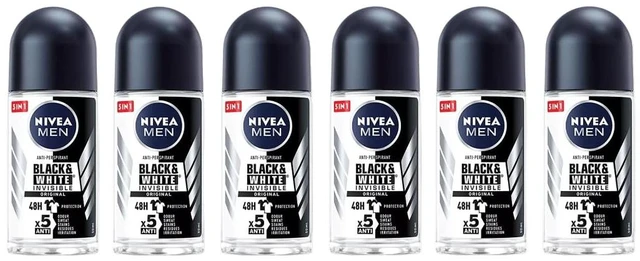 Main image of Men Black & White Invisible Fresh Roll On Deodorant 50ml | 72H Anti-Perspirant Protection | No White Marks or Yellow Stains | Long-Lasting | Gentle on Skin | Travel Size for Men | 6-Pack