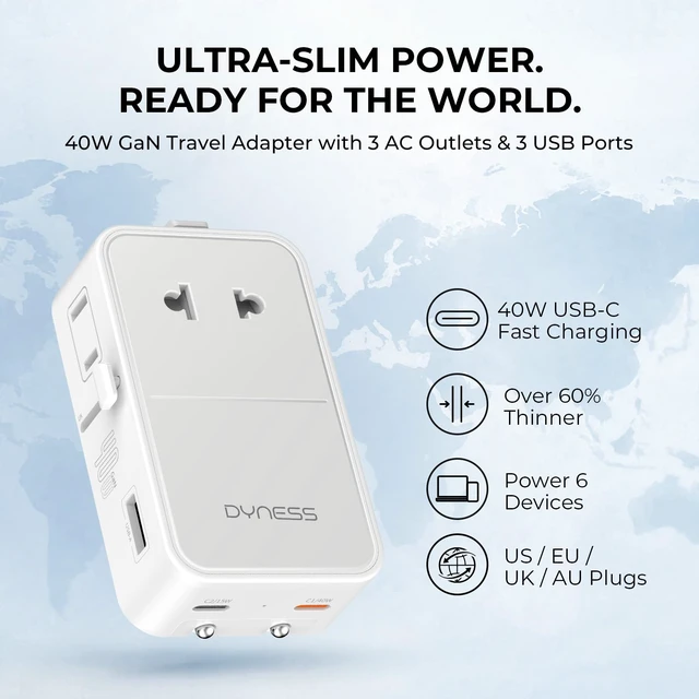 Alt view image 2 of 7 - 40W GaN Universal Travel Adapter, Ultra-Thin, 3 AC and 3 USB Ports | International Power Adapter for US/EU/UK/AU, Type A/C/G/I, Powers 6 Devices, Stable Wall Fit, Not a Voltage Converter, White