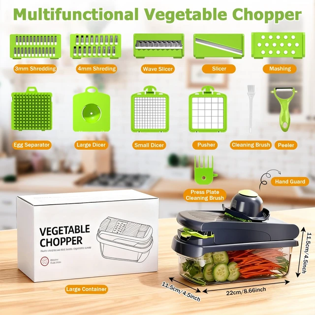 Alt view image 2 of 7 - 15 in 1 Vegetable Chopper with Container and Stainless Steel Blades | For onions, potatoes and vegetables. Large 1.5L container with drain basket for convenient washing and meal preparation