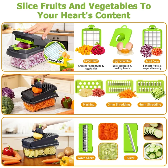 Alt view image 3 of 7 - 15 in 1 Vegetable Chopper with Container and Stainless Steel Blades | For onions, potatoes and vegetables. Large 1.5L container with drain basket for convenient washing and meal preparation