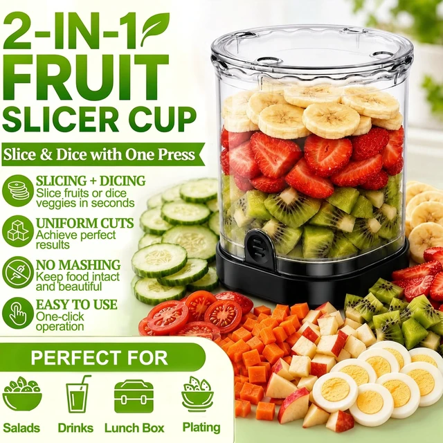 Alt view image 2 of 7 - 2-in-1 Fruit Slicer Cup, Stainless Steel | Strawberry Slicer Dicer, With Lid & Push Plate, Portable Kitchen Gadget, For Strawberry Banana Grape Egg Vegetable Salad