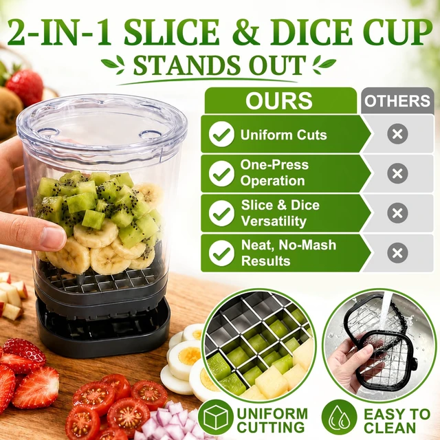 Alt view image 5 of 7 - 2-in-1 Fruit Slicer Cup, Stainless Steel | Strawberry Slicer Dicer, With Lid & Push Plate, Portable Kitchen Gadget, For Strawberry Banana Grape Egg Vegetable Salad