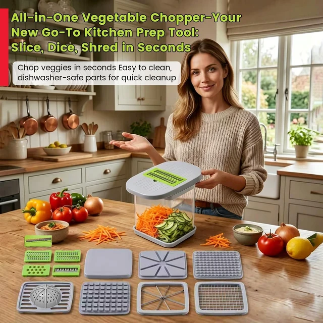 Alt view image 2 of 7 - Vegetable Cutter,Food Chopper Manual Hand,for Potato Cutter & Fry Slicer - Functions as Potato Dicer,Onion Dicer,Veggie Shredder with 9 Blades,Easy to Clean, Dishwasher Safe-Essential Kitchen Gadgets