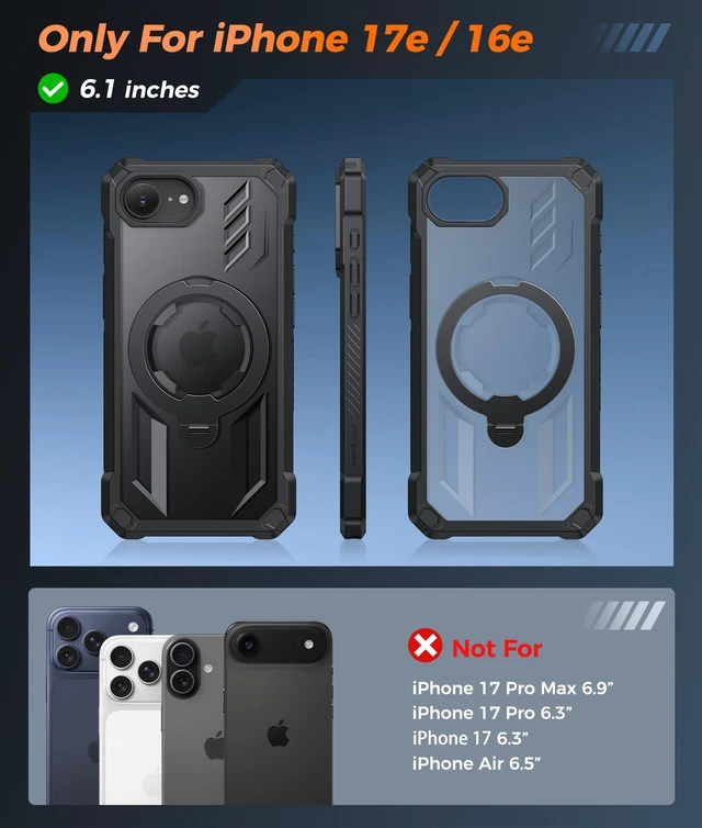 Alt view image 2 of 7 - for iPhone 17e Case, for iPhone 16e Case with 360 Magnetic Stand | Screen Protector, Compatible with MagSafe, Heavy Duty Military-Grade Drop Protection, Grip Ring Kickstand, Shockproof Rugged