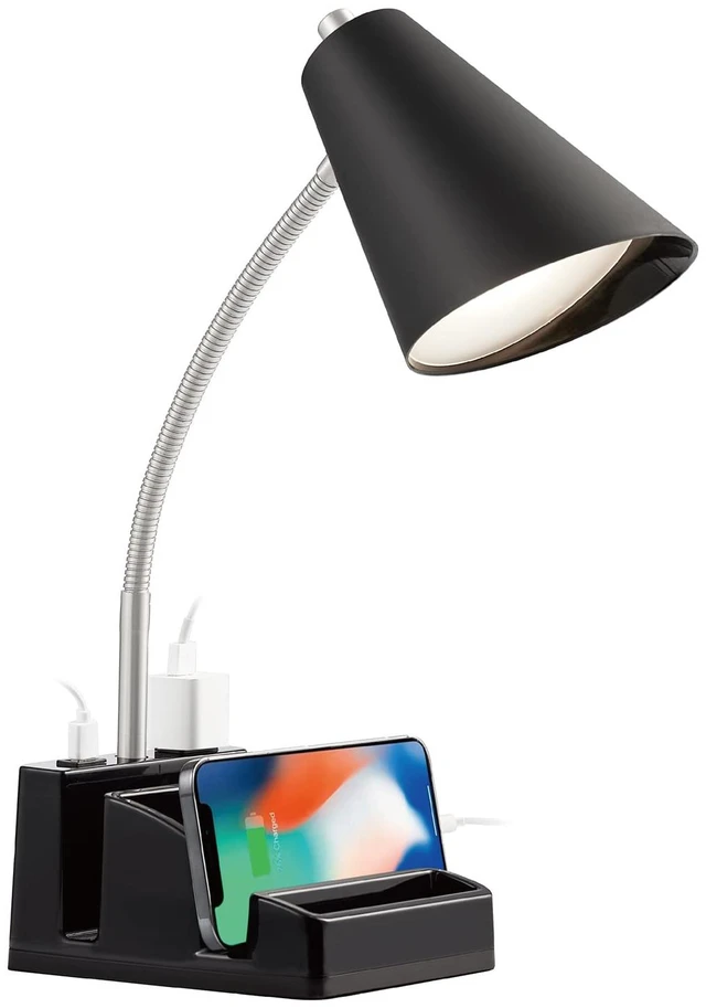 Main image of LED Desk Lamp with 1 USB Charging Port and 1 AC Outlet, Organizer Base, Adjustable Neck, On/Off Switch, Modern Table Lamp for Reading, Working, Studying, Gentle Warm White Light, Eye Protect(Black)