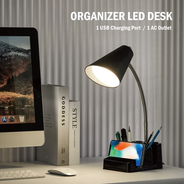 Alt view image 2 of 7 - LED Desk Lamp with 1 USB Charging Port and 1 AC Outlet, Organizer Base, Adjustable Neck, On/Off Switch, Modern Table Lamp for Reading, Working, Studying, Gentle Warm White Light, Eye Protect(Black)