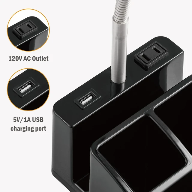 Alt view image 3 of 7 - LED Desk Lamp with 1 USB Charging Port and 1 AC Outlet, Organizer Base, Adjustable Neck, On/Off Switch, Modern Table Lamp for Reading, Working, Studying, Gentle Warm White Light, Eye Protect(Black)