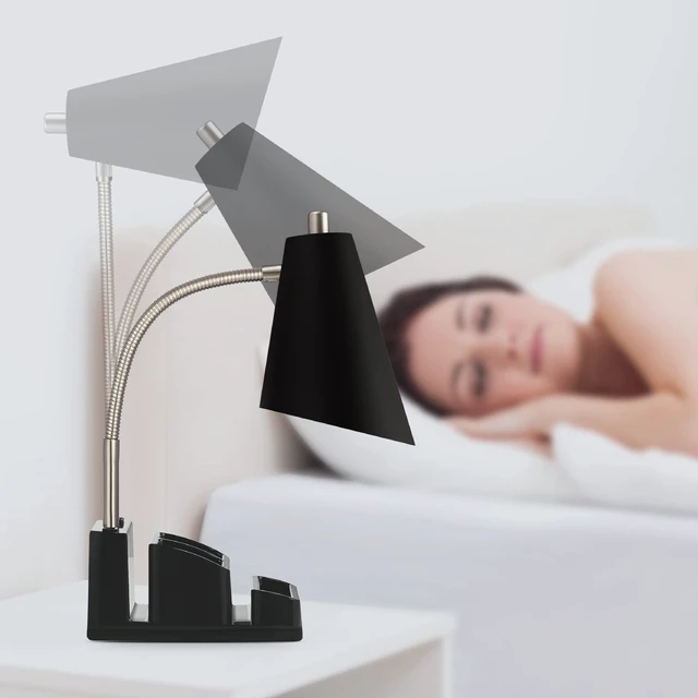 Alt view image 4 of 7 - LED Desk Lamp with 1 USB Charging Port and 1 AC Outlet, Organizer Base, Adjustable Neck, On/Off Switch, Modern Table Lamp for Reading, Working, Studying, Gentle Warm White Light, Eye Protect(Black)