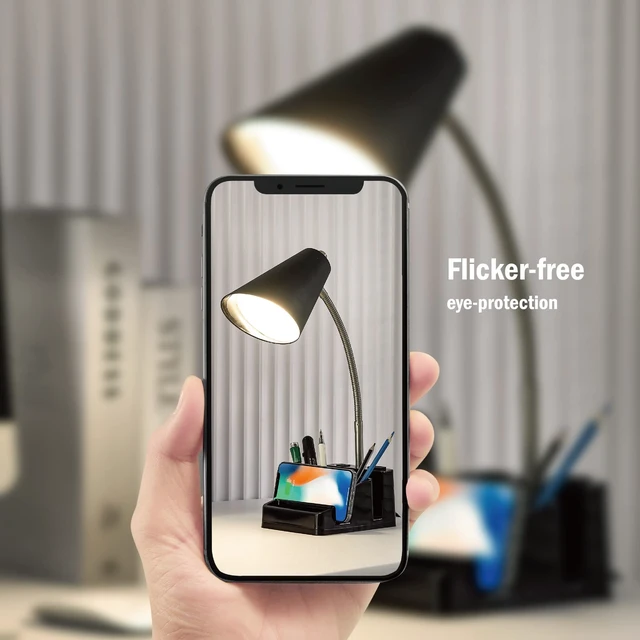 Alt view image 5 of 7 - LED Desk Lamp with 1 USB Charging Port and 1 AC Outlet, Organizer Base, Adjustable Neck, On/Off Switch, Modern Table Lamp for Reading, Working, Studying, Gentle Warm White Light, Eye Protect(Black)