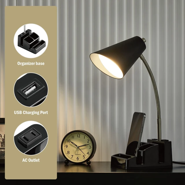 Alt view image 7 of 7 - LED Desk Lamp with 1 USB Charging Port and 1 AC Outlet, Organizer Base, Adjustable Neck, On/Off Switch, Modern Table Lamp for Reading, Working, Studying, Gentle Warm White Light, Eye Protect(Black)