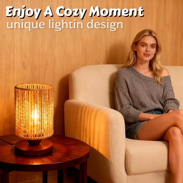 Alt view image 2 of 7 - Table Lamp,Boho Small Beside Lamp,Mini Farmhouse Table Lamp for Room Decor,Vintage Wicker Wooden Nightstand Bamboo Woven End Table Lamps for Living Room Bedroom Desk Kids Room,LED Bulb Included