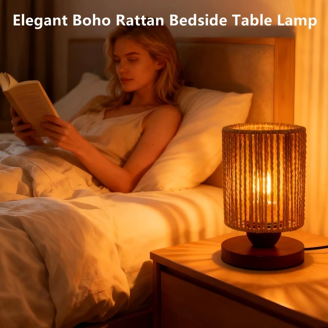 Alt view image 3 of 7 - Table Lamp,Boho Small Beside Lamp,Mini Farmhouse Table Lamp for Room Decor,Vintage Wicker Wooden Nightstand Bamboo Woven End Table Lamps for Living Room Bedroom Desk Kids Room,LED Bulb Included