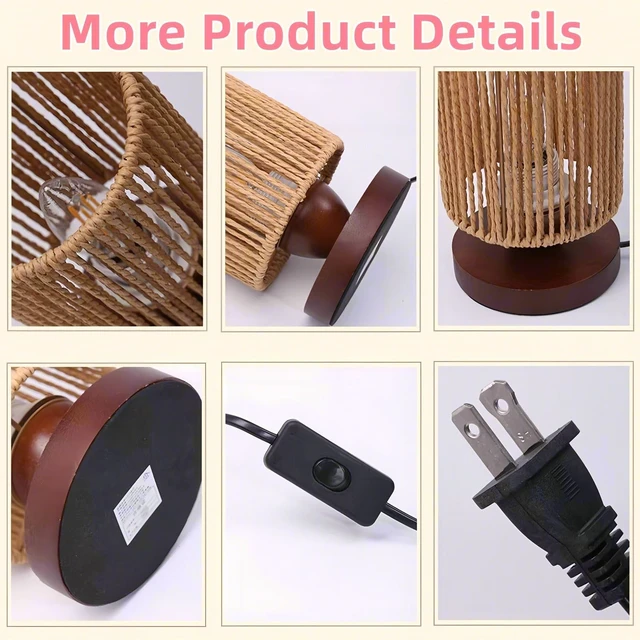 Alt view image 4 of 7 - Table Lamp,Boho Small Beside Lamp,Mini Farmhouse Table Lamp for Room Decor,Vintage Wicker Wooden Nightstand Bamboo Woven End Table Lamps for Living Room Bedroom Desk Kids Room,LED Bulb Included