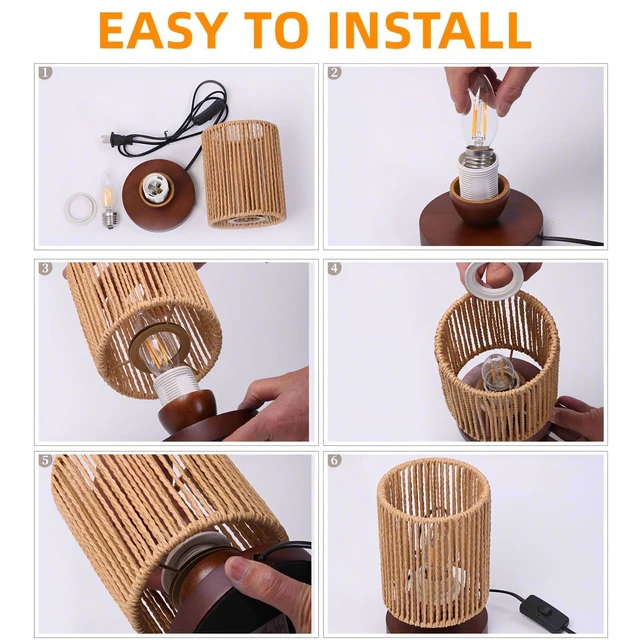 Alt view image 6 of 7 - Table Lamp,Boho Small Beside Lamp,Mini Farmhouse Table Lamp for Room Decor,Vintage Wicker Wooden Nightstand Bamboo Woven End Table Lamps for Living Room Bedroom Desk Kids Room,LED Bulb Included