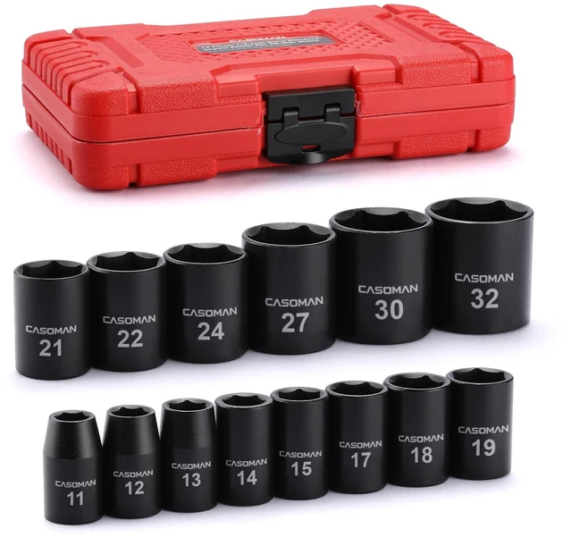 Main image of 14 Pieces 1/2-Inch Drive Shallow Impact Socket Set, Metric, 6-Point, 11mm to 32mm